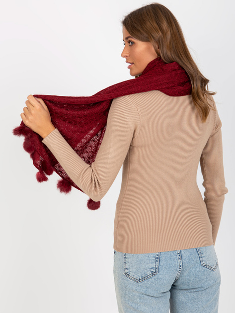 Hurt Bordowy szal dzianinowy z pomponami