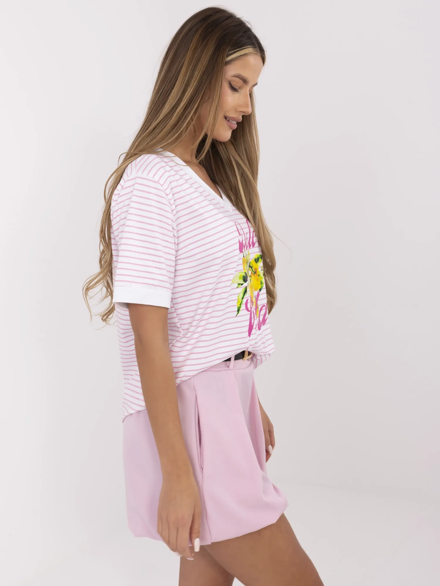 Pink and white blouse with lemon print.