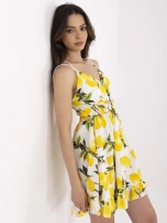 Ecru-żółta mini sukienka z nadrukiem w cytryny
