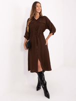 Dark brown shirt dress with pockets.