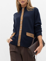 Navy blue women's oversized sweater with a collar.