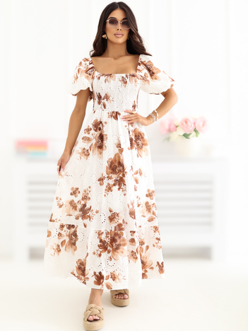 Brązowa rozkloszowana sukienka w kwiaty