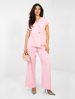 Pastelowy różowy elegancki komplet z szerokimi spodniami RUE PARIS 