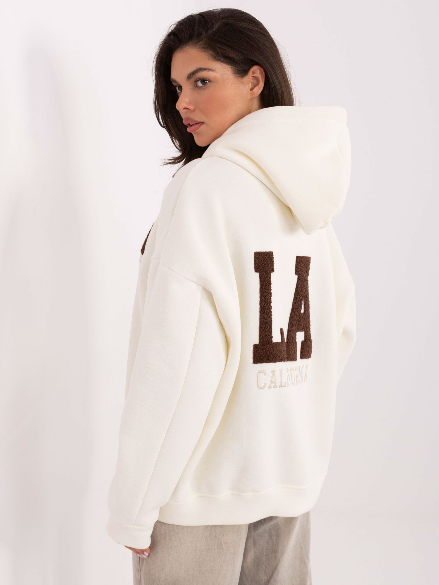 Ecru damska bluza oversize z kapturem 