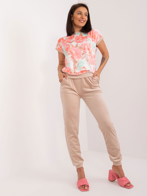 Hurt Beżowo-koralowy komplet welurowy z nadrukiem RUE PARIS