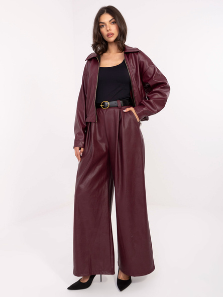  Burgundowe skórzane spodnie z paskiem RUE PARIS