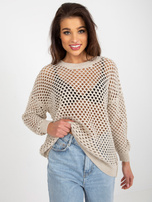 Hurt Beżowy ażurowy sweter letni z okrągłym dekoltem