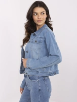 Blue short denim jacket with pockets.