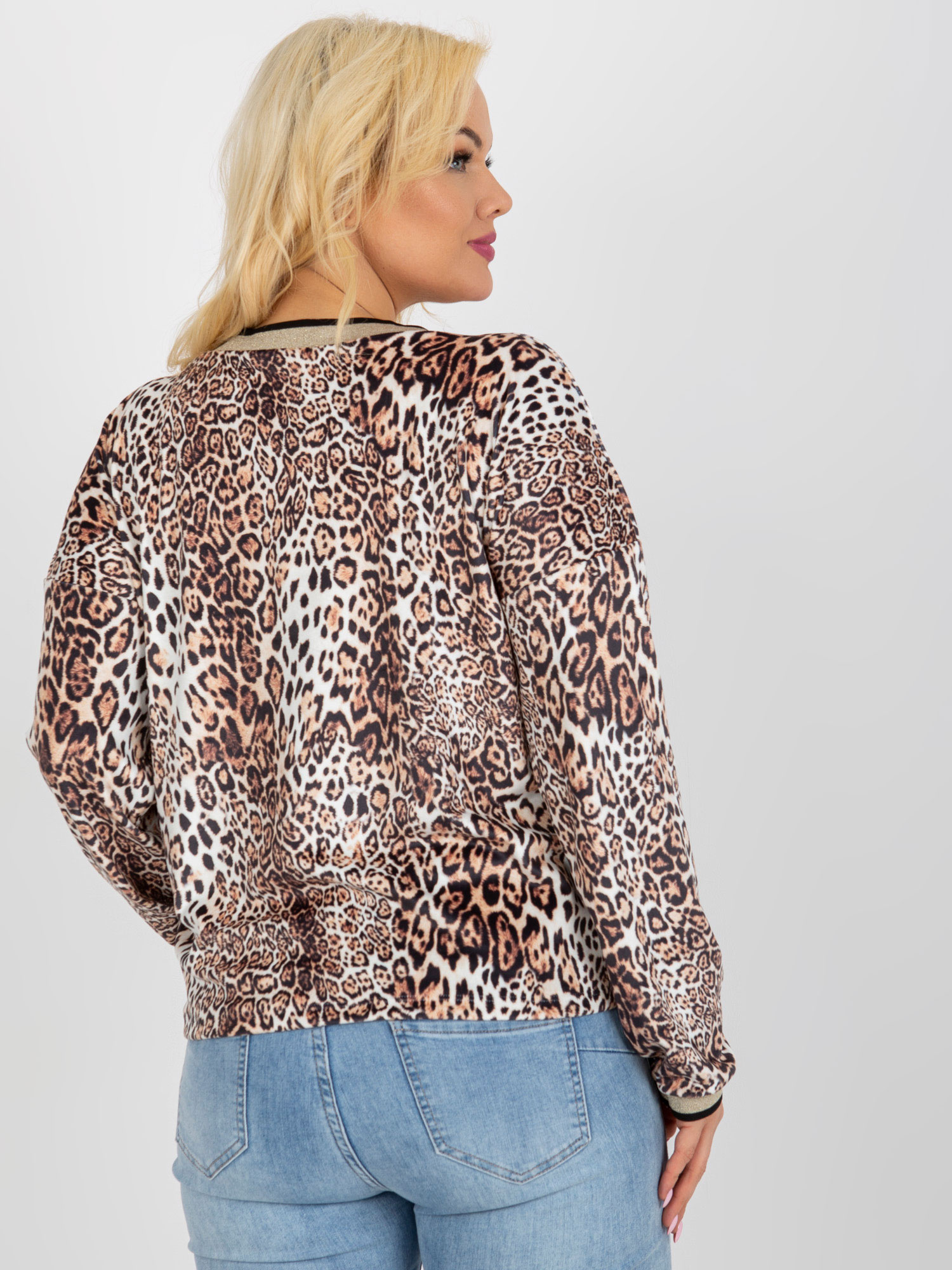 Beige-black velour plus size blouse with print.