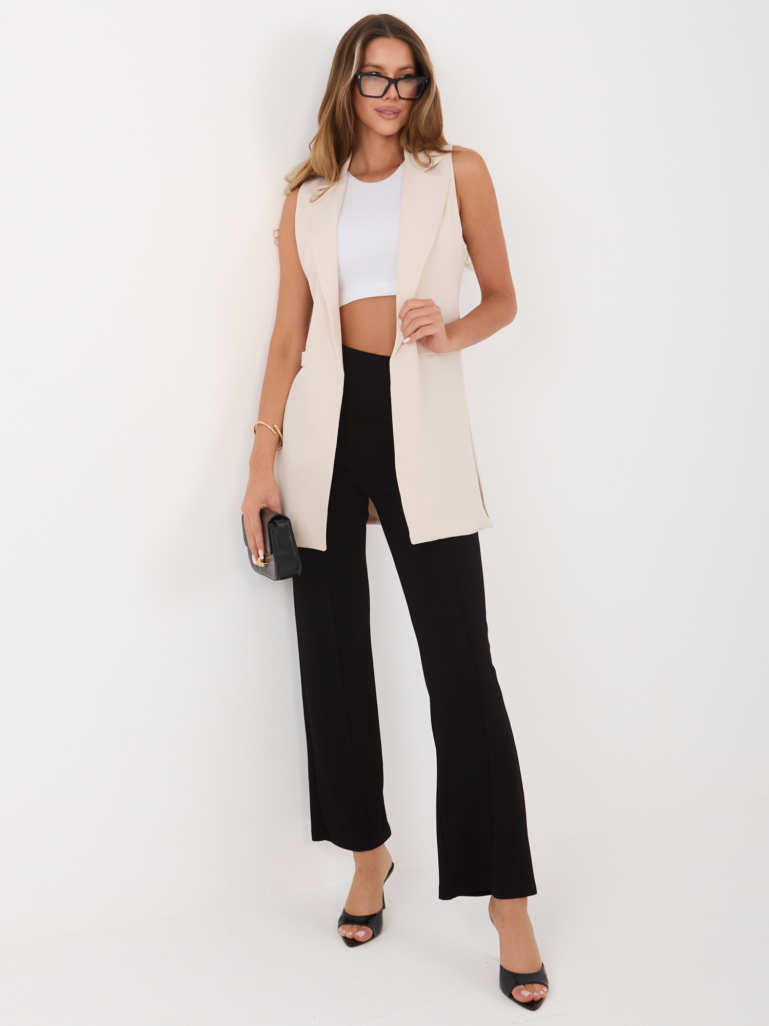 Kremowa garniturowa kamizelka bez zapięcia RUE PARIS 