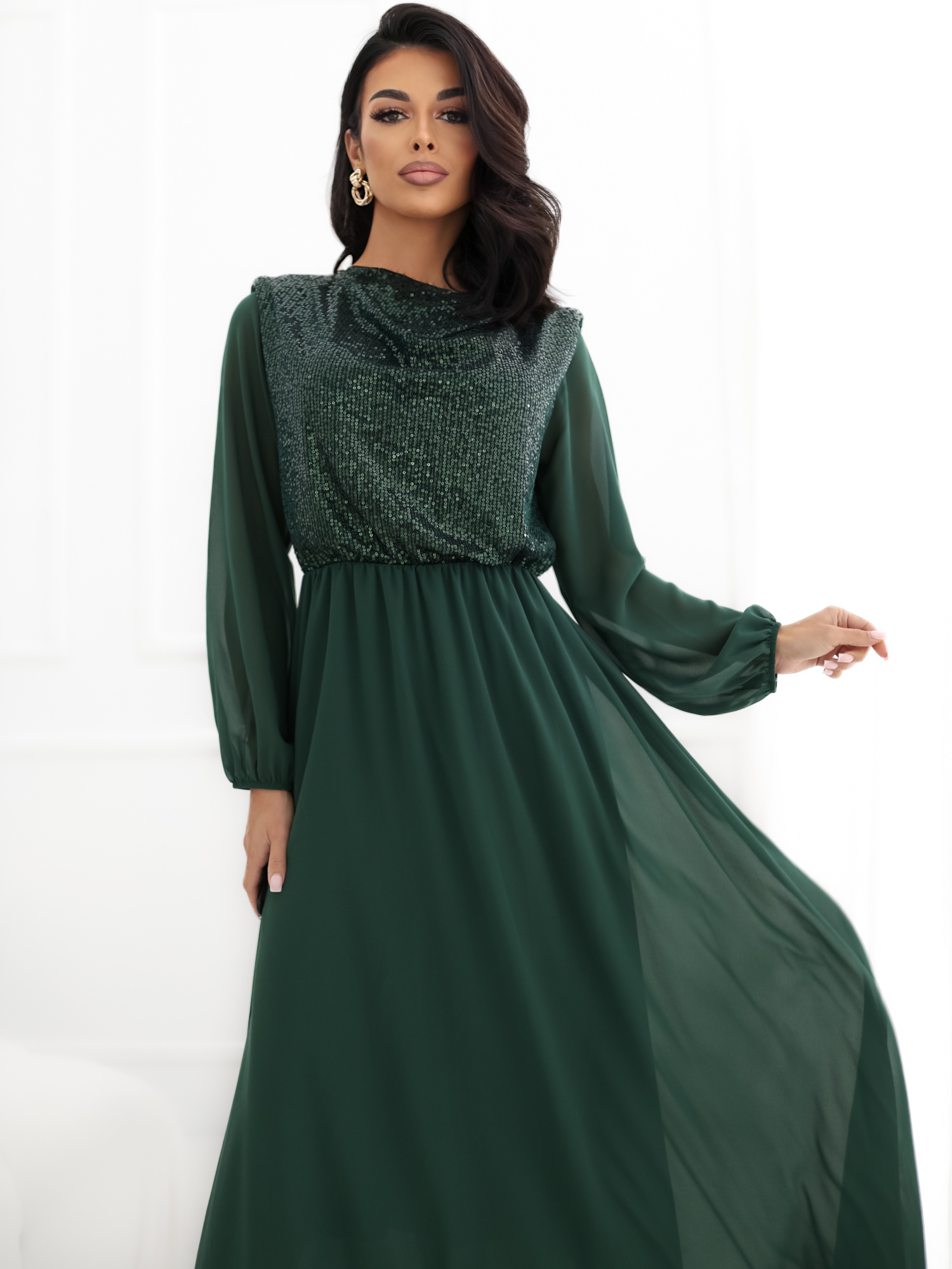 RUE PARIS Dark green evening dress with an elastic waistband.