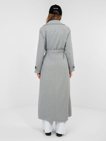 Gray women's coat with stripes on the sleeves.