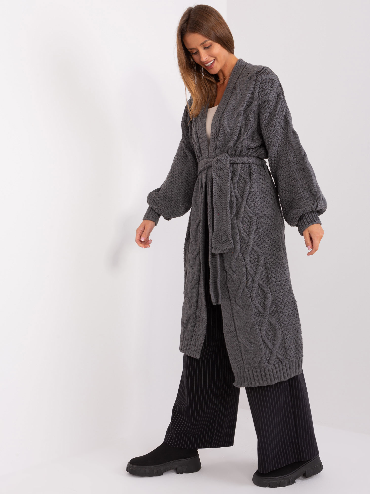 Hurt Dark Gray Long Cable Knit Cardigan RUE PARIS.