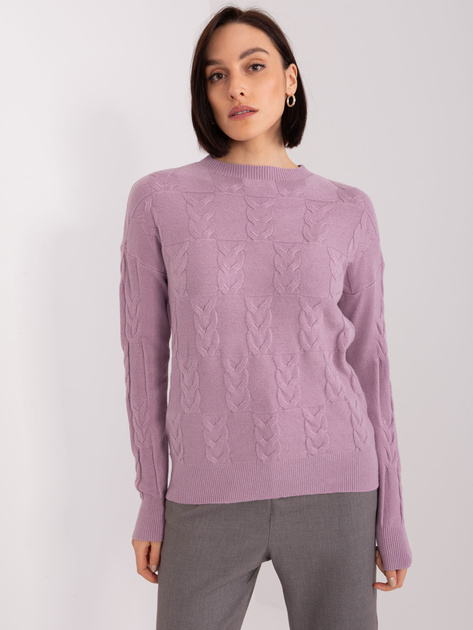 Hurt Fioletowy sweter damski z warkoczami i długim rękawem