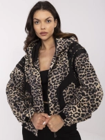 Black-camel windbreaker jacket with print.