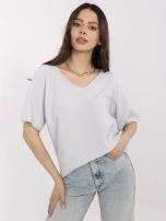 Light gray women's basic sweater with short sleeves.