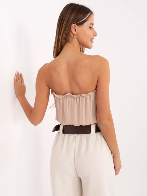 Beżowy krótki top bandeau z falbankami