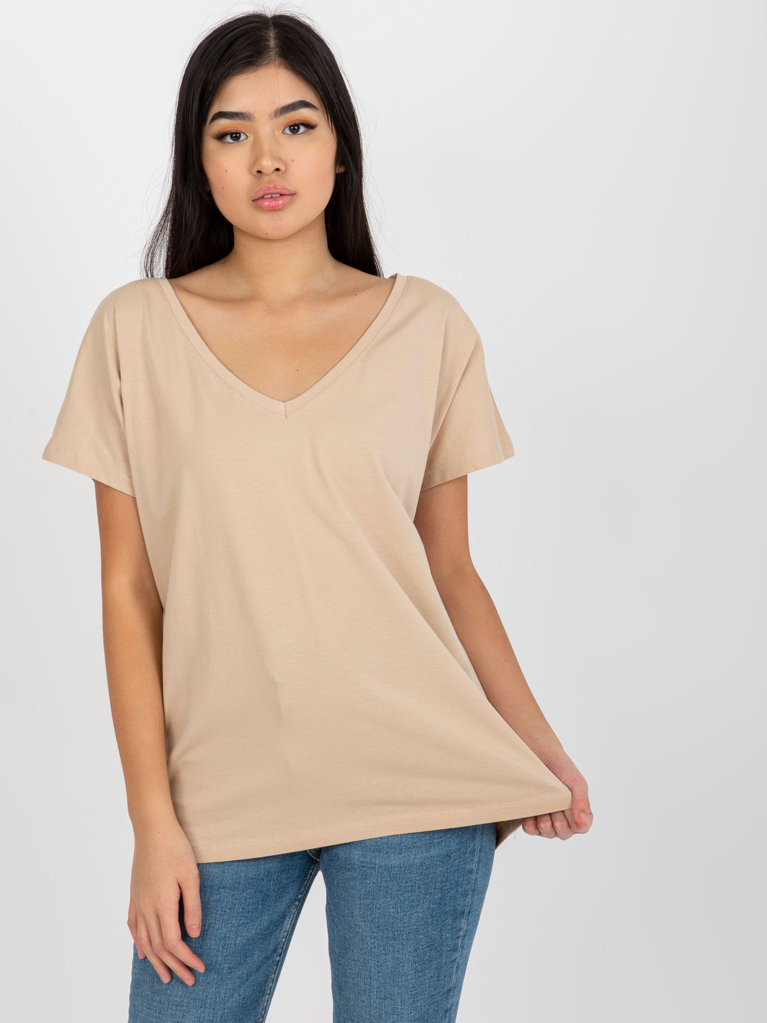 Hurt Beżowy damski t-shirt basic z dekoltem V Emory