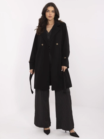 Czarny damski płaszcz z poduszkami na ramionach