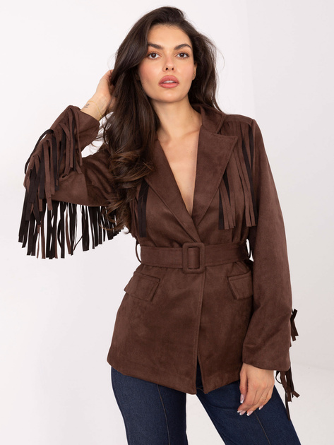 Brązowa zamszowa marynarka z frędzlami RUE PARIS