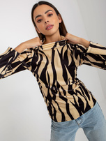 Hurt Jasnobeżowo-czarna welurowa bluzka z nadrukiem RUE PARIS