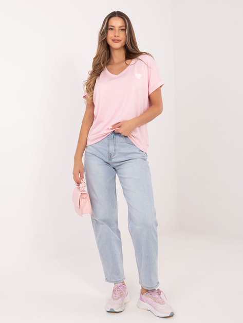 Jasnoróżowa damska bluzka oversize z krótkim rękawem