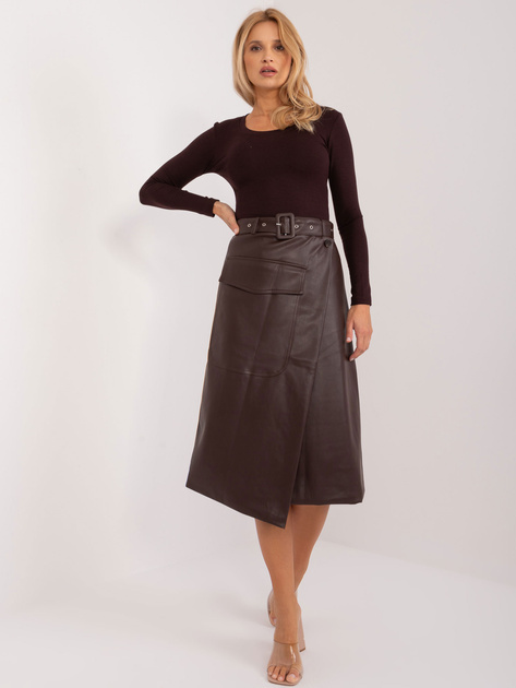 Hurt Ciemnobrązowa kopertowa spódnica cargo z ekoskóry