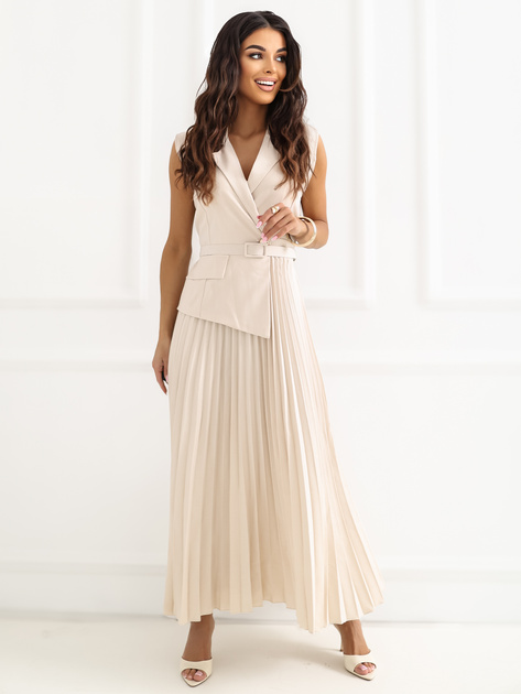 Jasnobeżowa elegancka sukienka z paskiem RUE PARIS