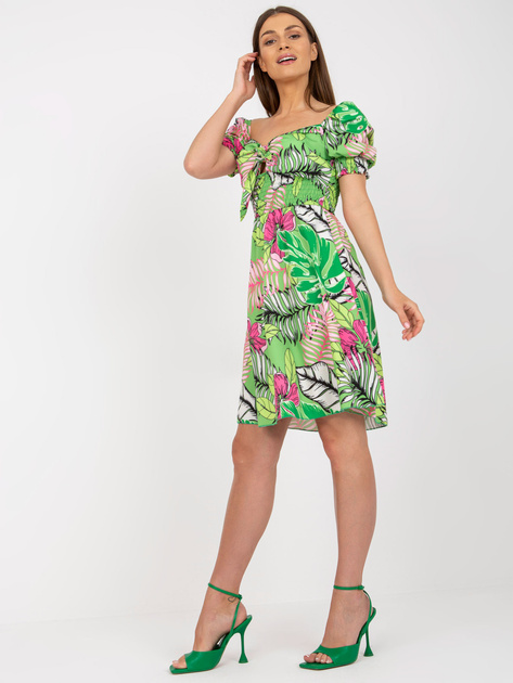 Zielona sukienka z printami i wiązaniem przy dekolcie