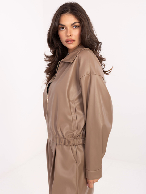 Ciemnobeżowa skórzana kurtka z kołnierzykiem RUE PARIS