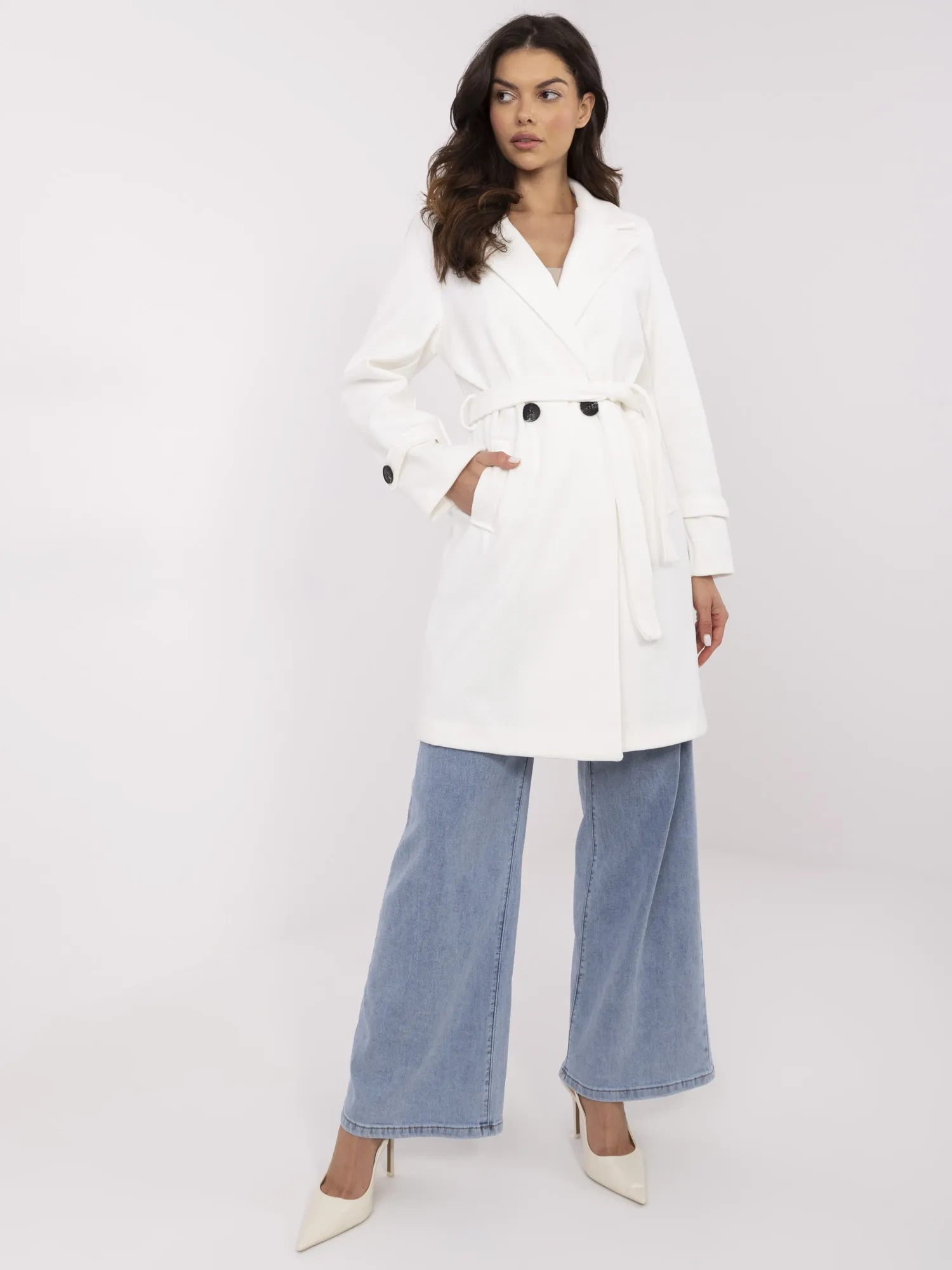 Ecru women's coat with a tied belt.
