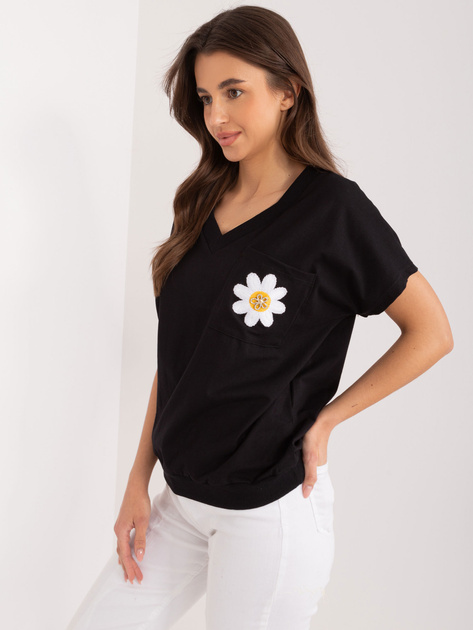 Hurtownia Czarna bawełniana bluzka z aplikacją RUE PARIS