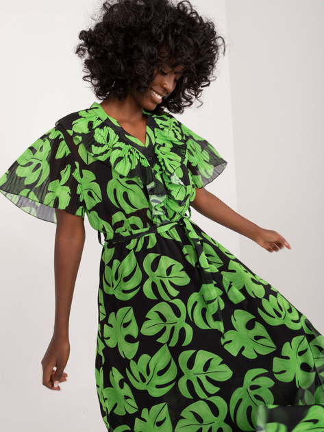 Hurtownia Czarno-zielona maxi sukienka z printem