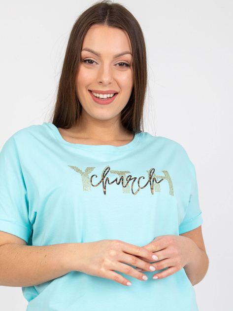 Miętowy t-shirt plus size z dekoltem na plecach