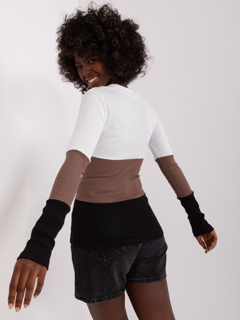 Hurt Ecru-czarna damska bluzka basic z dekoltem V