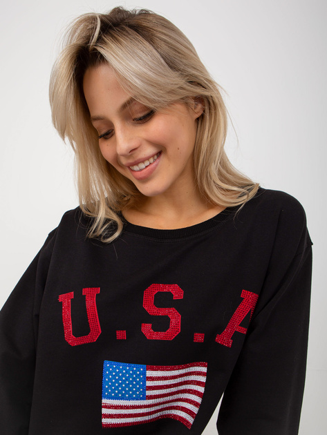 Hurt Czarna luźna bluza z nadrukiem i aplikacją z dżetów