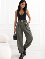 RUE PARIS Khaki corduroy carrot pants with a belt.