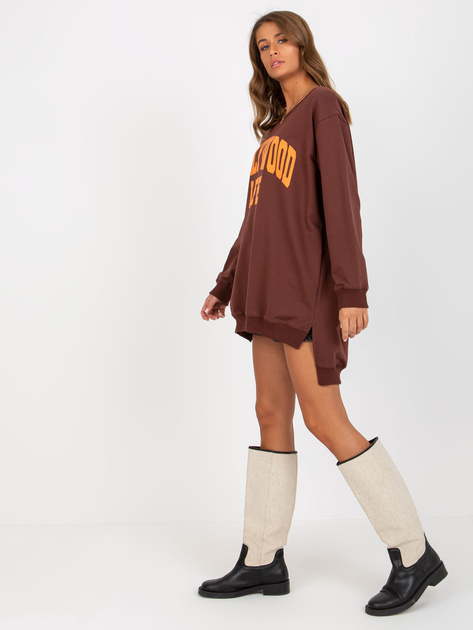 Hurt Ciemnobrązowo-pamarańczowa długa bluza oversize z napisem