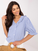 Blue button-up shirt with a collar.