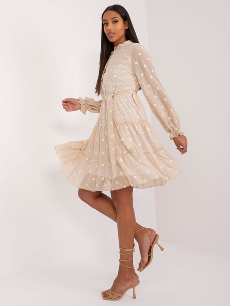 Hurtownia Beżowa sukienka koktajlowa z falbaną