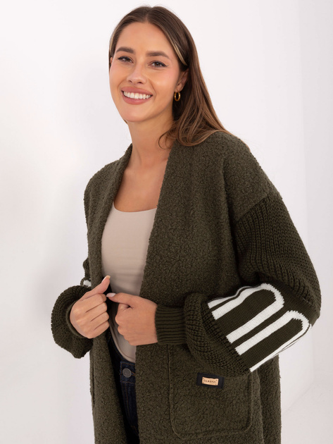 Khaki damski kardigan boucle z kieszeniami