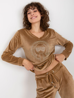 Hurtownia Camelowy damski komplet welurowy z dekoltem V