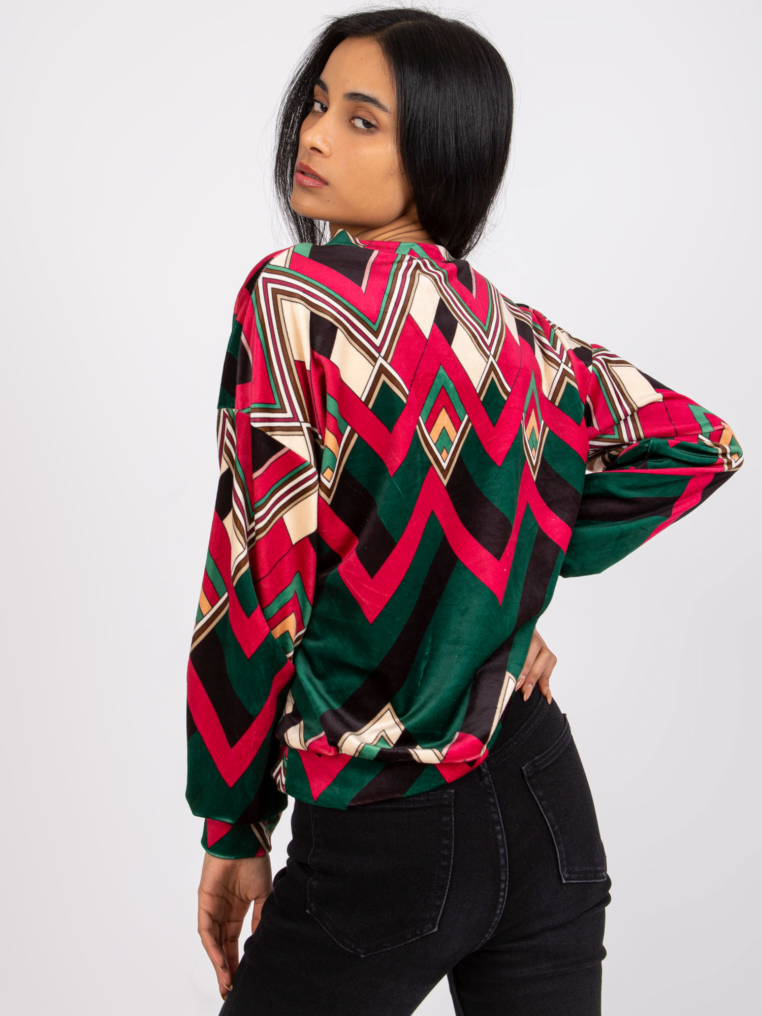 Grün-rosa Samt-Bluse mit Prints Lea.