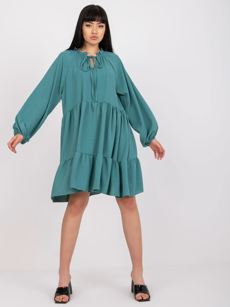 Morska sukienka z falbaną i długim rękawem