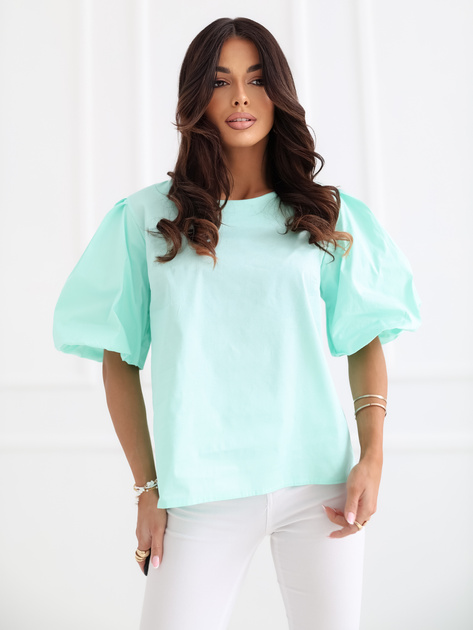 Miętowa bawełniana bluzka z bufiastym rękawem