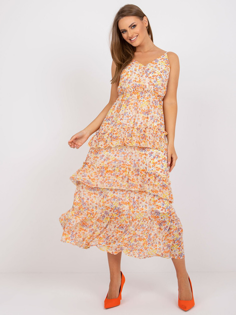 Ecru maxi sukienka w kwiaty z falbanami