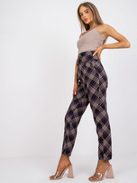 Czarno-fioletowe spodnie w kratę z wysokim stanem