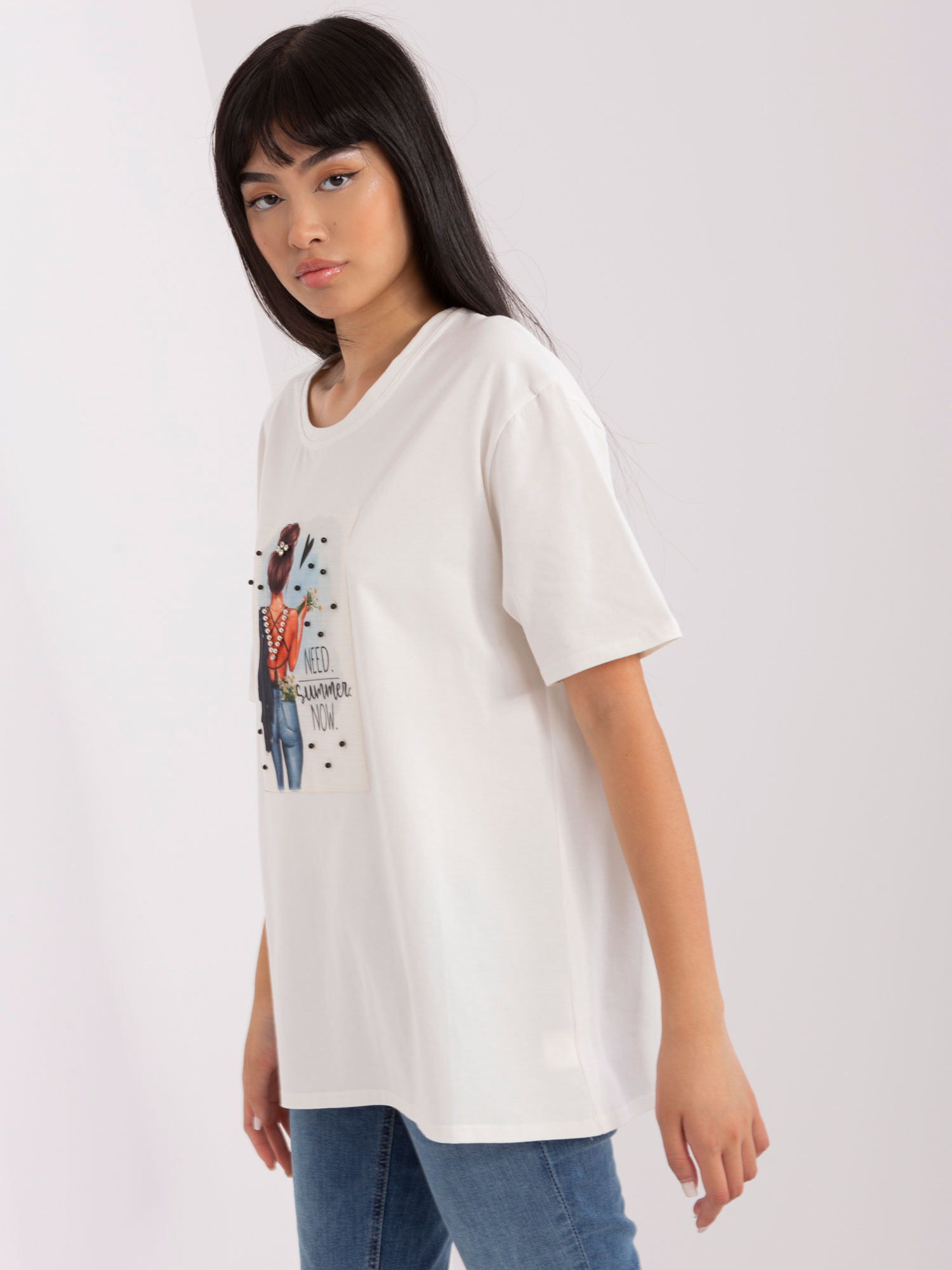 Ecru bawełniany t-shirt z nadrukiem