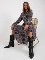 Hurt Czarna wzorzysta sukienka z paskiem RUE PARIS 