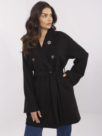 Czarny damski płaszcz z odpinaną broszką OCH BELLA
